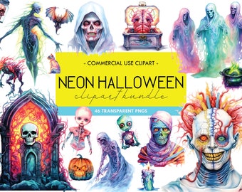 Clipart acquerello di Halloween al neon: pacchetto PNG spettrale (download digitale)