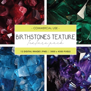 May include: A digital download of 12 high-resolution images featuring close-up textures of various birthstones. The images are 3000 x 4500 pixels and are in PNG format. The birthstones shown include red ruby, green emerald, blue aquamarine, and purple amethyst.