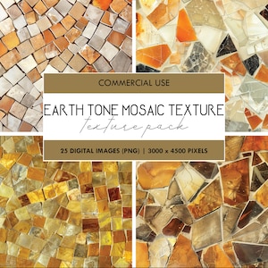 Może przedstawiać: Pakiet cyfrowych pobrań zawierający 25 obrazów o wysokiej rozdzielczości z teksturami mozaiki w odcieniach ziemi. Każdy obraz ma 3000 x 4500 pikseli i idealnie nadaje się do użycia w projektach projektowania cyfrowego.