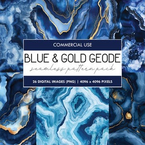 Geoda azul y dorada sin costuras: ágata acuarela (papel digital PNG)