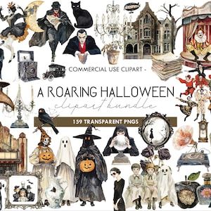 Clipart de acuarela de Halloween rugiente retro, gráficos de Halloween vintage neutrales, diario basura, arte digital, PNG transparente, espeluznante y aterrador