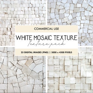 Puede incluir: Un conjunto de 25 imágenes digitales con texturas de mosaico blanco. Cada imagen tiene 3000 x 4500 píxeles y es perfecta para agregar un toque único y elegante a tus proyectos de diseño.