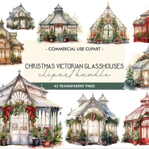 Clipart ad acquerello di serre di Natale, serre in stile vittoriano, grafica da giardino vintage, decorazione natalizia all'aperto, stampa digitale