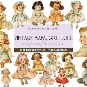 Clipart aquarelle vintage de poupée bébé fille, graphiques de poupée rétro antique, passe-temps de récréation, collage imprimable, Dolly Dingle, PNG Transparent