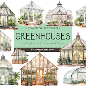 Clipart aquarelle de serres, graphiques de jardinage, illustrations de solarium, véranda, cerceau de maison, serre, impression numérique, PNG transparent