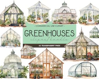 Aquarell Gewächshäuser Clipart: Garten Illustrationen (Digital Druck)