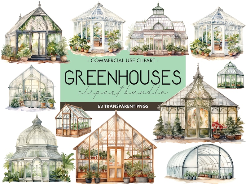 Greenhouses Watercolor Clipart, Gardening Graphics, Solarium Illustrations, Sunroom, Hoop House ...