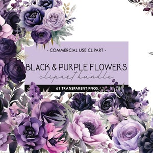 Schwarz & Lila Blumen Aquarell Clipart, violettes Lavendel lila Floral, transparente PNG, Elemente, Rahmen, digitaler Download, kommerzielle Nutzung