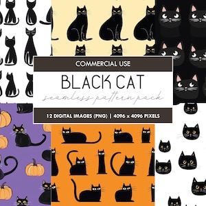 Patrón de gato negro, patrones sin costuras, lindo gatito, papel digital, álbumes de recortes, manualidades, fondos imprimibles, fondos de decoración de Halloween