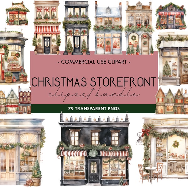 Christmas Storefront Watercolor Clipart Bundle, Holiday Shops, Festive Store Graphics, Winter Clipart, Digital Print, 79 Transparent PNG