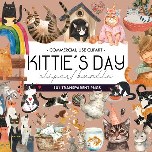 Kittie's Day Mixed Media Clipart, lindas ilustraciones de gatos, gráficos felinos, gatito, animales bebés, perro, ratón, decoración de guardería, PNG transparente