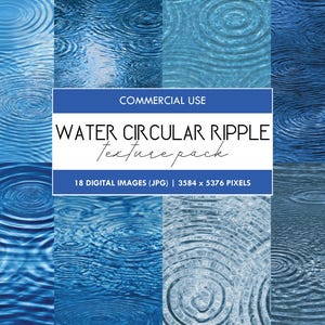 Water Circular Ripple Texture Pack, Raindrop Digital Paper, Blue Liquid, Surface Background, Commercial Use, Pool Wave Patterns Backdrop JPG