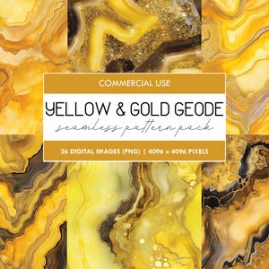 May include: A digital download pack of 26 seamless patterns featuring yellow and gold geode designs. The patterns are perfect for creating backgrounds, textures, and other creative projects.  COMMERCIAL USE.