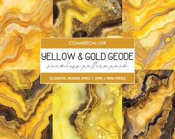 May include: A digital download pack of 26 seamless patterns featuring yellow and gold geode designs. The patterns are perfect for creating backgrounds, textures, and other creative projects.  COMMERCIAL USE.
