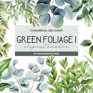 Watercolor Green Foliage Clipart: Eucalyptus, Fern, Leaves (Digital Download)