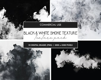 Zwart-witte rookwaterverftextuur: 25 png-afbeeldingen (digitale download)