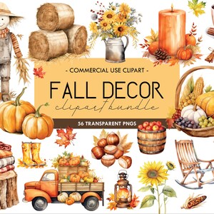 Clipart acquerello decorazione autunnale, decorazioni autunnali, PNG del Ringraziamento, zucche, foglie d'acero, ghirlande, uso commerciale, clipart digitale
