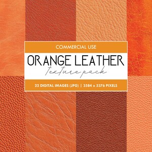 Peut inclure: Un pack de textures de cuir orange, présentant différentes nuances et motifs. L'image montre une grille de divers échantillons de cuir orange, avec des textures allant de lisses à très grainées. Le texte indique "ORANGE LEATHER texture pack".
