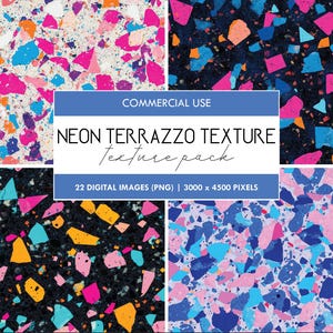 Op de afbeelding: Een digitaal downloadpakket met 22 neon terrazzo-textuur afbeeldingen. De afbeeldingen zijn 3000 x 4500 pixels en zijn in PNG-formaat. De texturen bevatten een verscheidenheid aan kleuren, waaronder roze, blauw, geel en oranje.