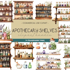 Apotheker Regale Aquarell Clipart, Vintage Innenregal, Wicca, Hexerei Dekor, Retro-Stil, kommerzielle Nutzung, Digitaldruck, PNG