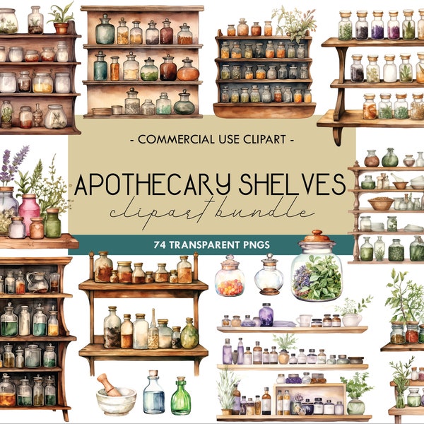 Apothecary Shelves Watercolor Clipart, Vintage Interior Shelf, Wiccan, Witchcraft Decor, Retro Style, Commercial Use, Digital Print, PNG
