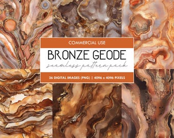 May include: A digital paper pack featuring 26 seamless patterns of bronze geode textures. The patterns are in shades of brown, orange, and gold, with a swirling, agate-like appearance. The text "COMMERCIAL USE" and "BRONZE GEODE seamless pattern pack" is displayed on the image.