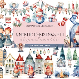 Pacchetto di clipart di Natale nordico, clipart di Natale in acquerello, clipart invernale, Natale scandinavo, festività natalizie, download digitale