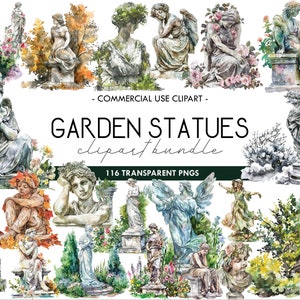 Clipart aquarelle de statues de jardin, statue de pierre de marbre antique, sculptures romaines, mythologie grecque, vacances d'été, PNG transparents