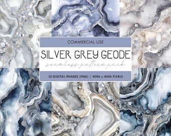 May include: A digital download pack of 30 seamless patterns featuring silver grey geode designs. Each pattern is 4096 x 4096 pixels and is perfect for commercial use.