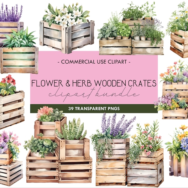 Flower & Herb Wooden Crates Watercolor Clipart, Plant Boxes, Wedding Botanical Florals, Baby Showers, Commercial Use, Planter Box, Pots PNG