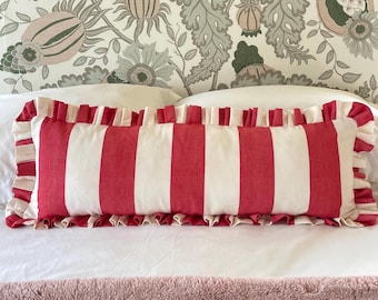 Handmade Red Striped Lumbar Pillow Cover: Ruffled Ticking, Extra Large