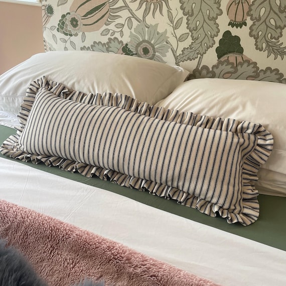 Ruffled Lumbar Cushion Cover, Black Ticking Stripe, Extra Long Pillow, Handmade