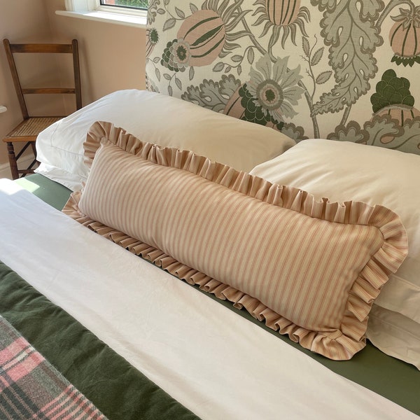 Pink Stripe Lumbar Cushion Cover, Handmade Bolster Pillow, Farmhouse Country Decor