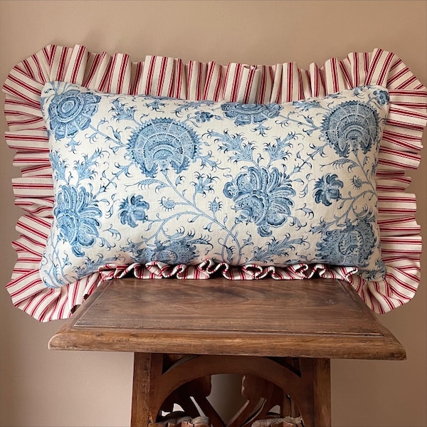 Handmade Floral Designer Ruffle Lumbar Cushion, Blue and White Frilled Coastal Bolster Pillow