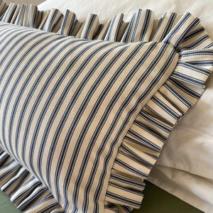 A white and blue striped pillow with a ruffled edge. The pillow is made of a soft, textured fabric and has a classic, farmhouse style.
