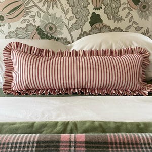 Red Ticking Stripe Ruffle Lumbar Cushion Cover, Extra Large 96cm