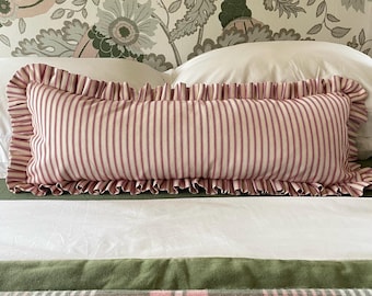 Ruffle Lumbar Cushion Cover, Red Ticking Stripe, Handmade Frilled Bolster Pillow 96cm