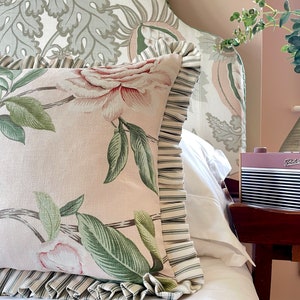 Colefax and Fowler Gisela Shell Pink Floral Frilled Designer Cushion With Feather Inner. 50 x 50cm