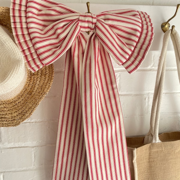 Extra Large Red Ticking Stripe Fabric Bow, Ruffled Door Wall Decoration