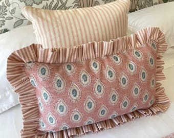 Pink Paisley Lumbar Cushion Cover with Ruffled Edge, Handmade Bolster Cushion, Farmhouse Decor