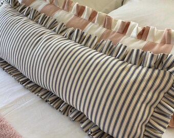 Handmade Blue Ticking Stripe Lumbar Cushion Cover with Ruffle, Coastal and Cottage Decor