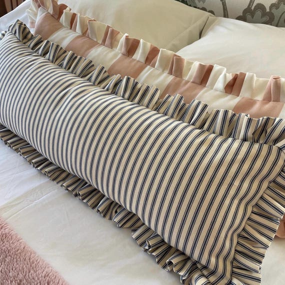 Handmade Blue Ticking Stripe Lumbar Cushion Cover With Ruffle