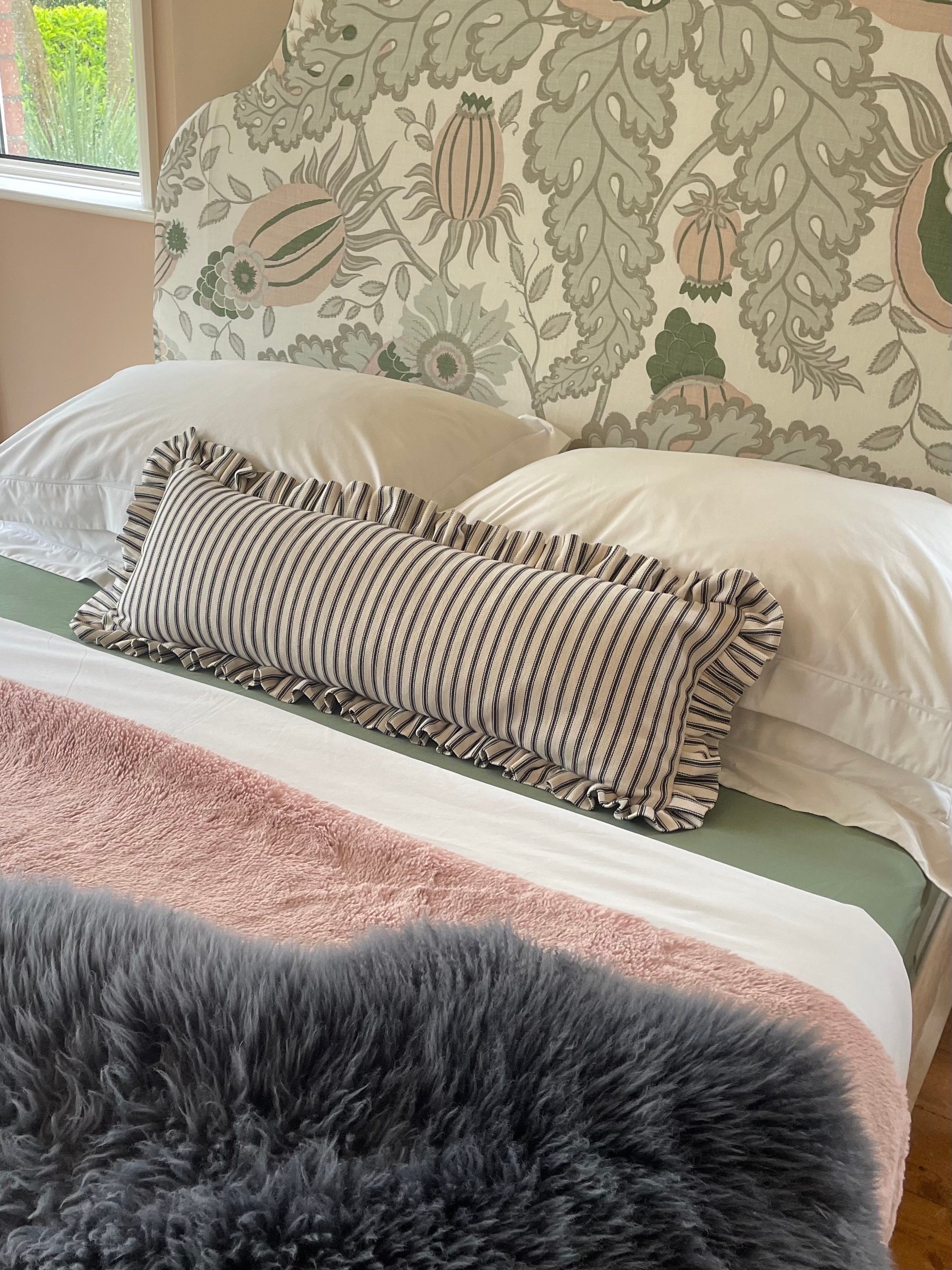 Ruffled Lumbar Cushion Cover Black Ticking Stripe Extra Long Pillow