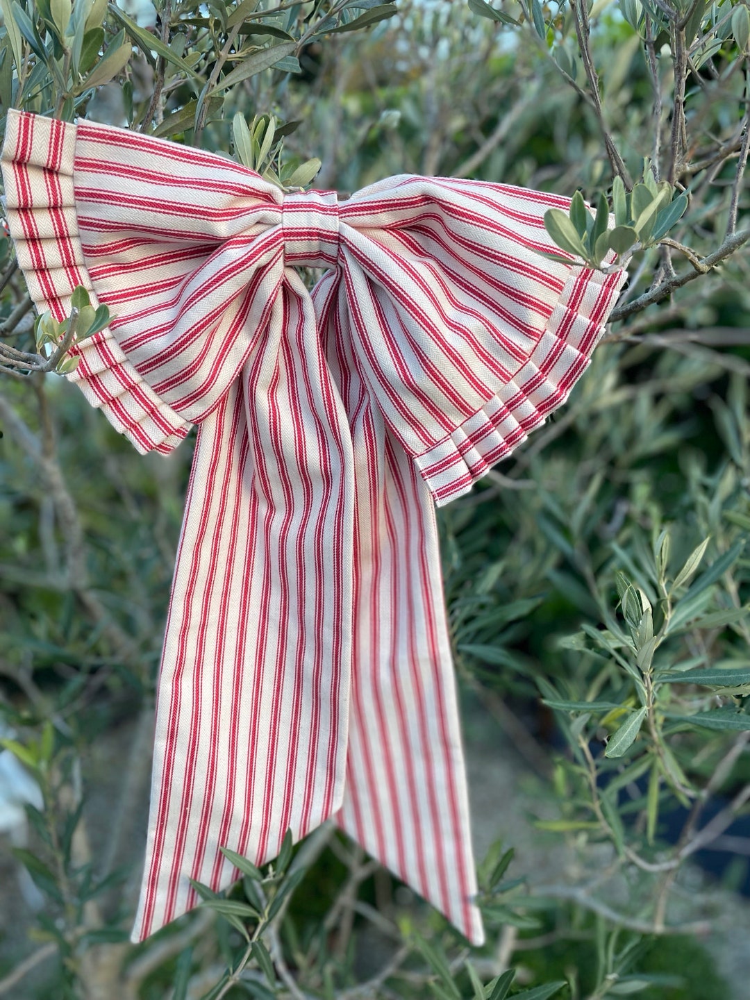 Extra Large Fabric Bow. Red Ticking Fabric Door Bow With Ties. Wedding