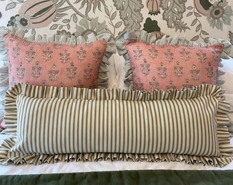 Green Ticking Ruffled Lumbar Cushion Cover, Striped Frilled Bolster Pillow