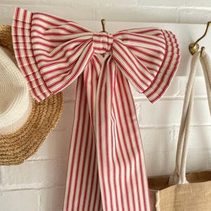 Extra Large Red Ticking Stripe Fabric Bow, Oversized Christmas Wall Door Decoration