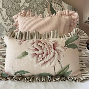 Colefax and Fowler Frilled Lumbar Cushion, Floral Linen, Pink Ticking, Feather Inner