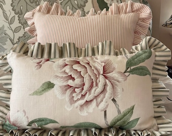 Colefax and Fowler, Giselle, Shell Pink Linen, Floral Frilled Lumbar Cushion Cover, Handmade Designer Throw Pillow, Modern Farmhouse Decor