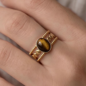 Boho Gold Ring, Tiger Eye Stone, Triple Row Beaded (Adjustable Size)