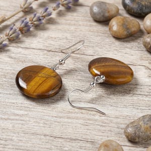 Tiger Eye Drop Earrings - Large Natural Stone, Stainless Steel